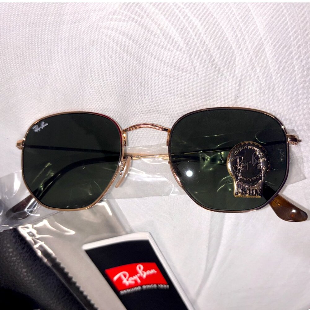 Ray-Ban Hexagonal Sunglasses Green Lenses Gold Metal Frame Adjustable Nosepads - Picture 9 of 13
